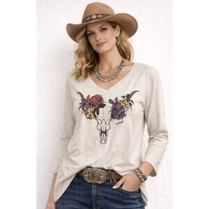 ARIAT Sandshell Heather Elara Embroidered Western Longhorn Floral Cotton Top